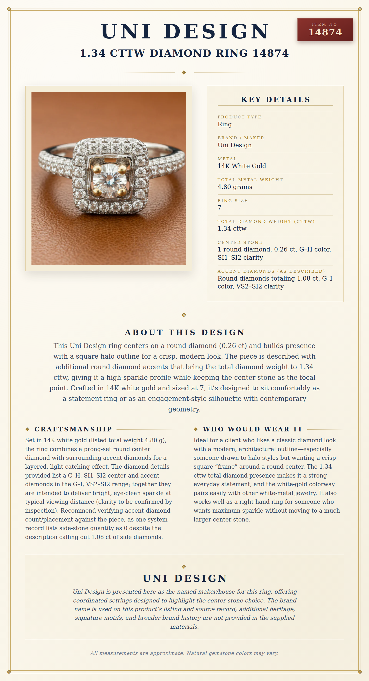 Uni Design 1.34 cttw Diamond Ring 14874 — anatomy card