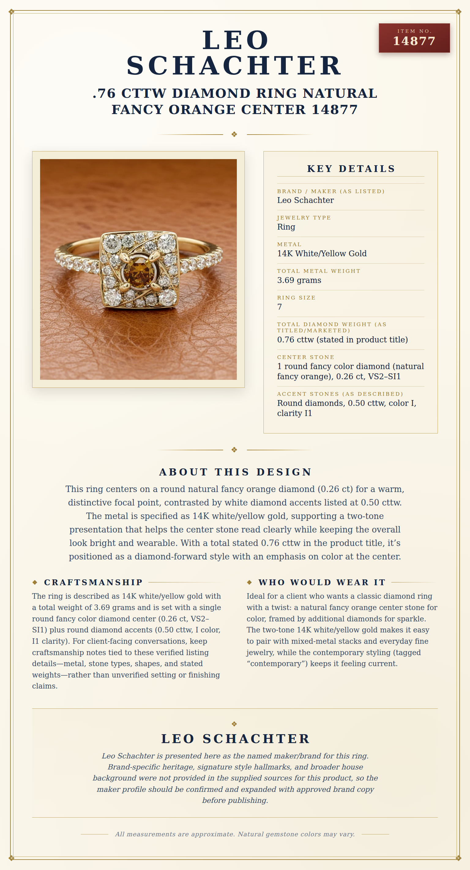 Leo Schachter .76 cttw Diamond Ring Natural Fancy Orange Center 14877 — anatomy card