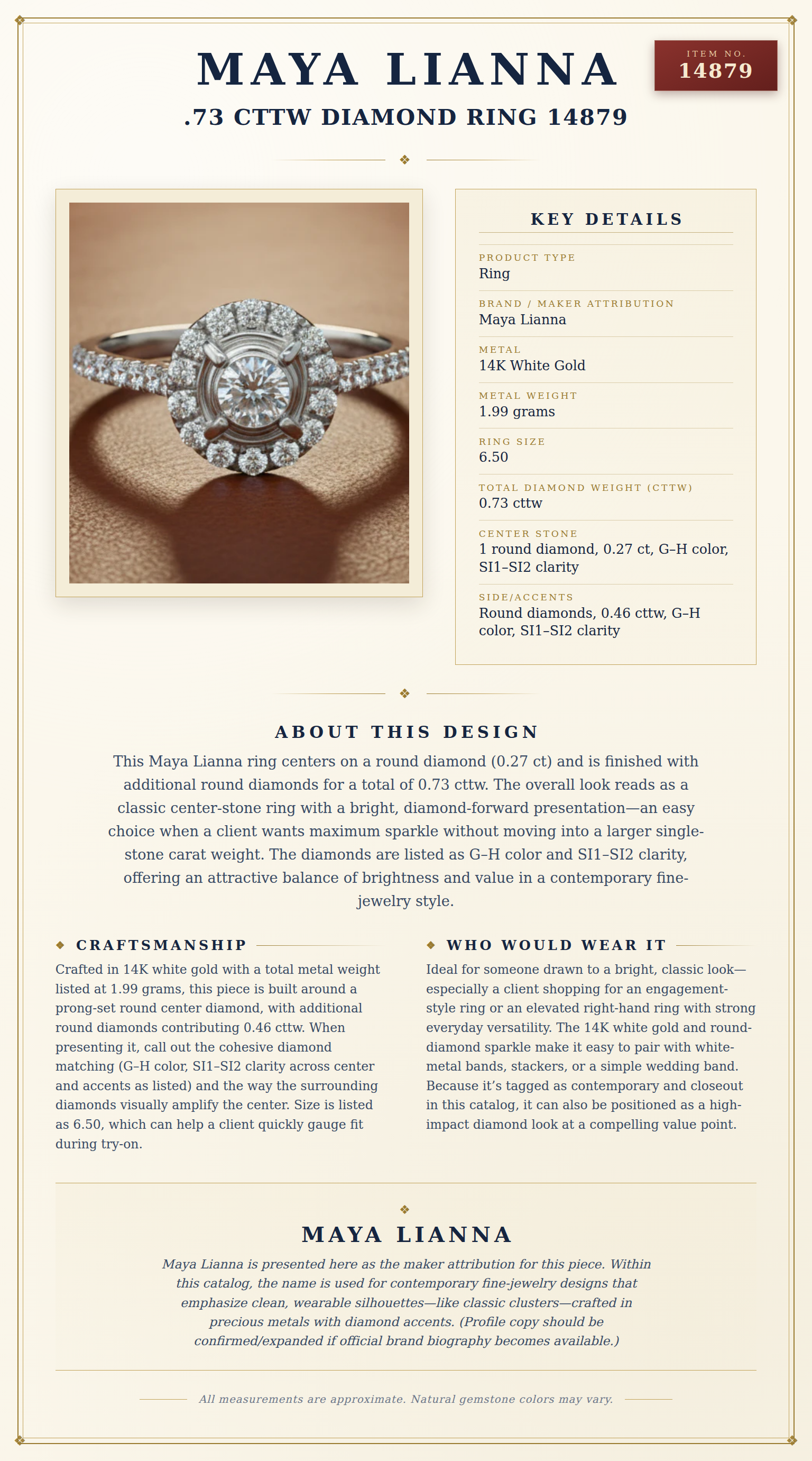 Maya Lianna .73 cttw Diamond Ring 14879 — anatomy card