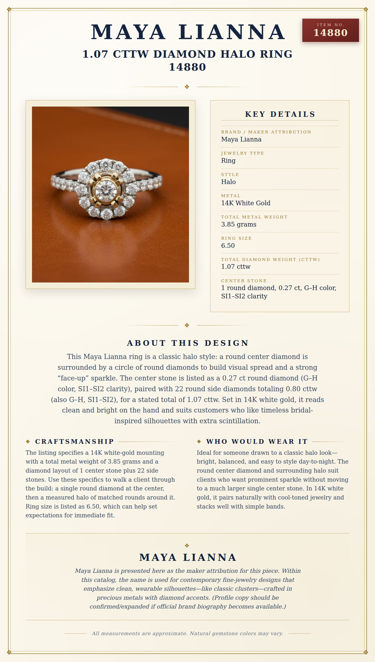 Maya Lianna 1.07 cttw Diamond Halo Ring 14880 — anatomy card