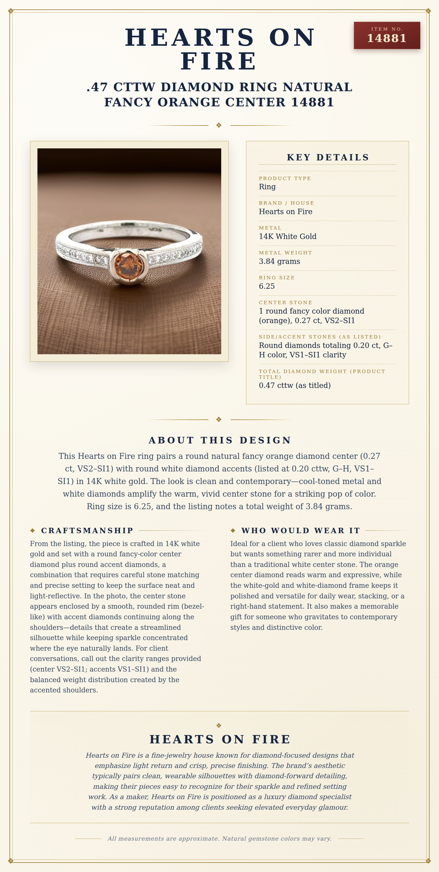 Hearts On Fire .47 cttw Diamond Ring Natural Fancy Orange Center 14881 — anatomy card