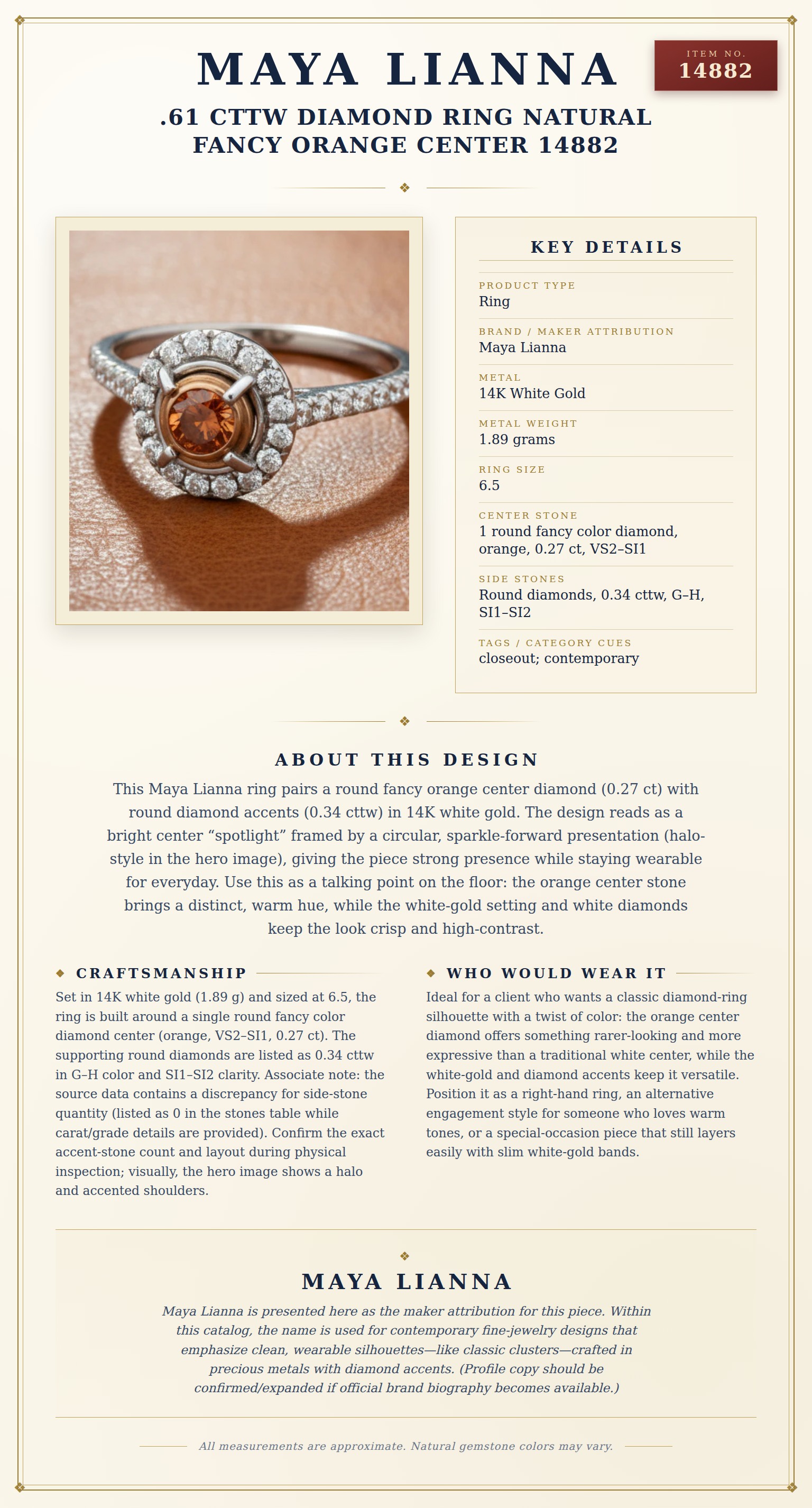 Maya Lianna .61 cttw Diamond Ring Natural Fancy Orange Center 14882 — anatomy card