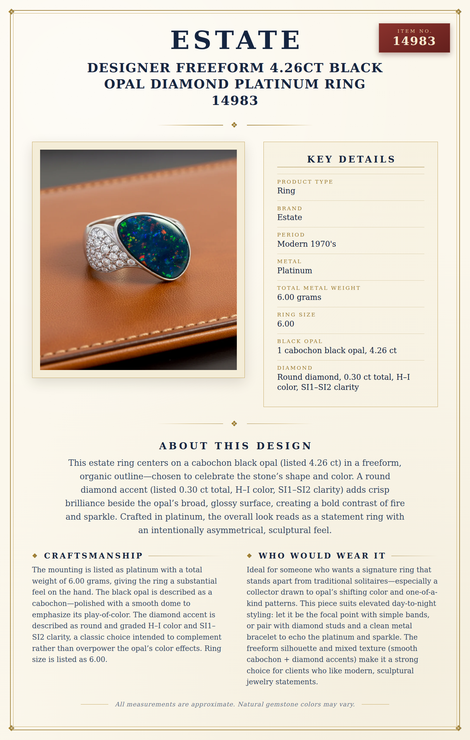 Estate Designer Freeform 4.26ct Black Opal Diamond Platinum Ring 14983 — anatomy card