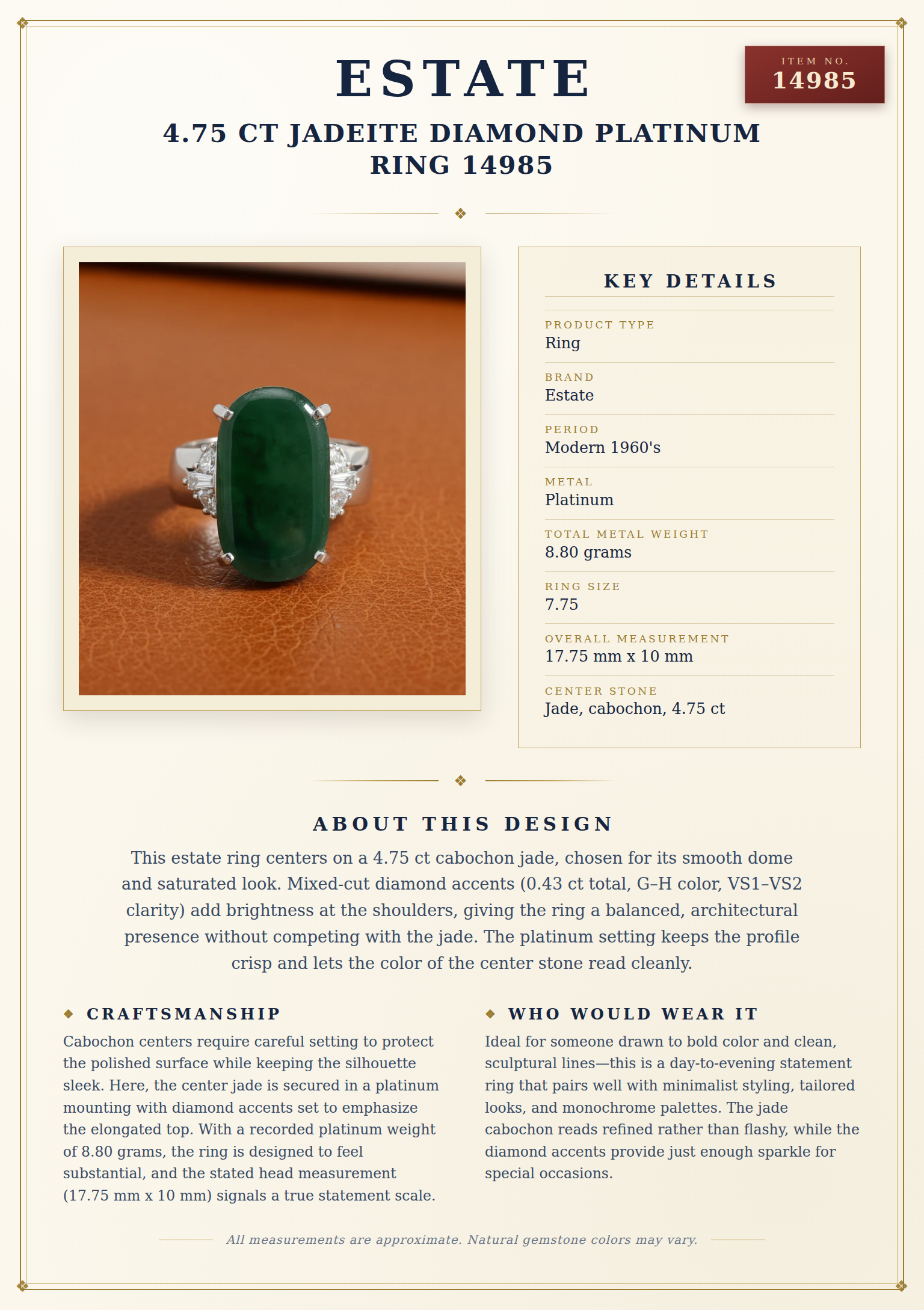 Estate 4.75 ct Jadeite Diamond Platinum Ring 14985 — anatomy card
