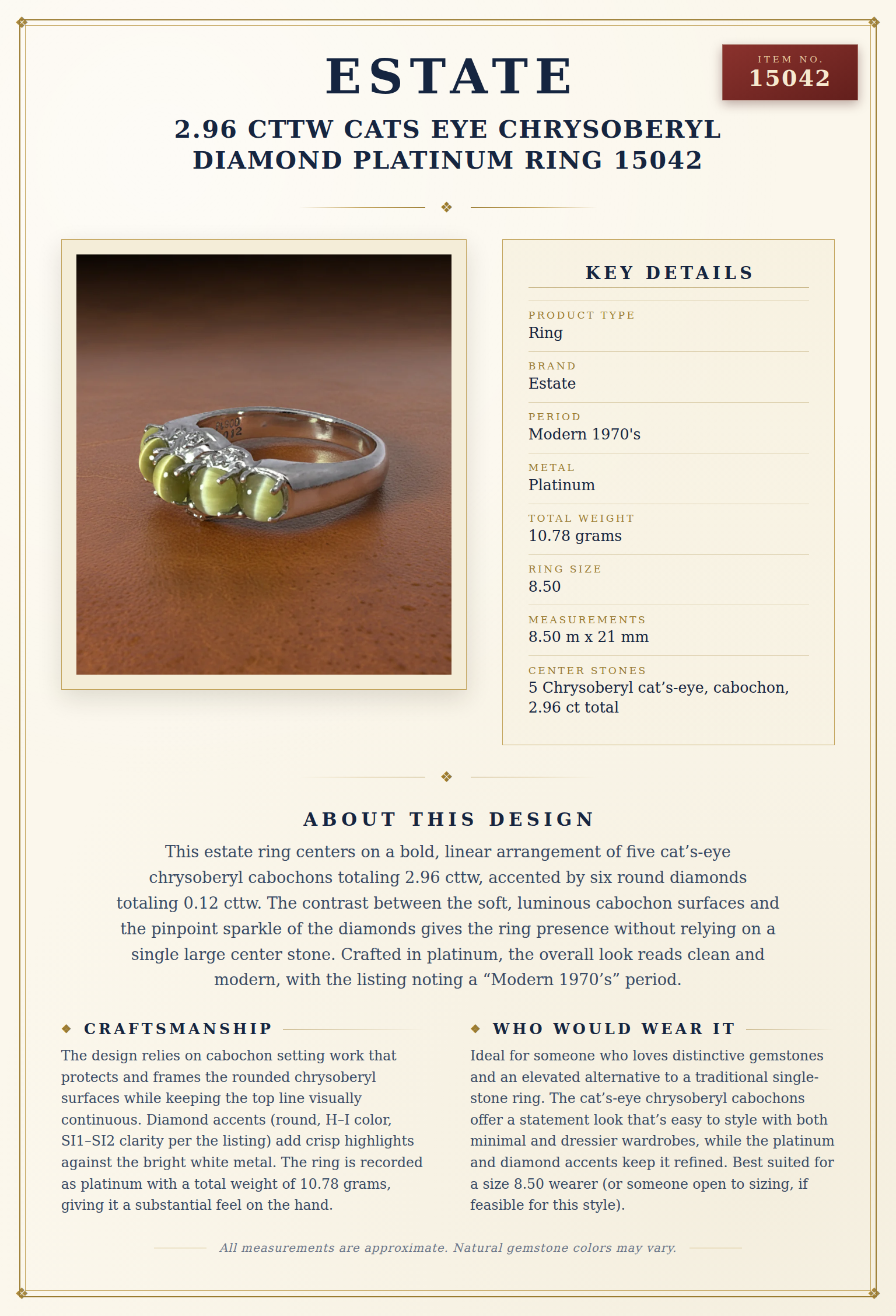 Estate 2.96 cttw Cats Eye Chrysoberyl Diamond Platinum Ring 15042 — anatomy card