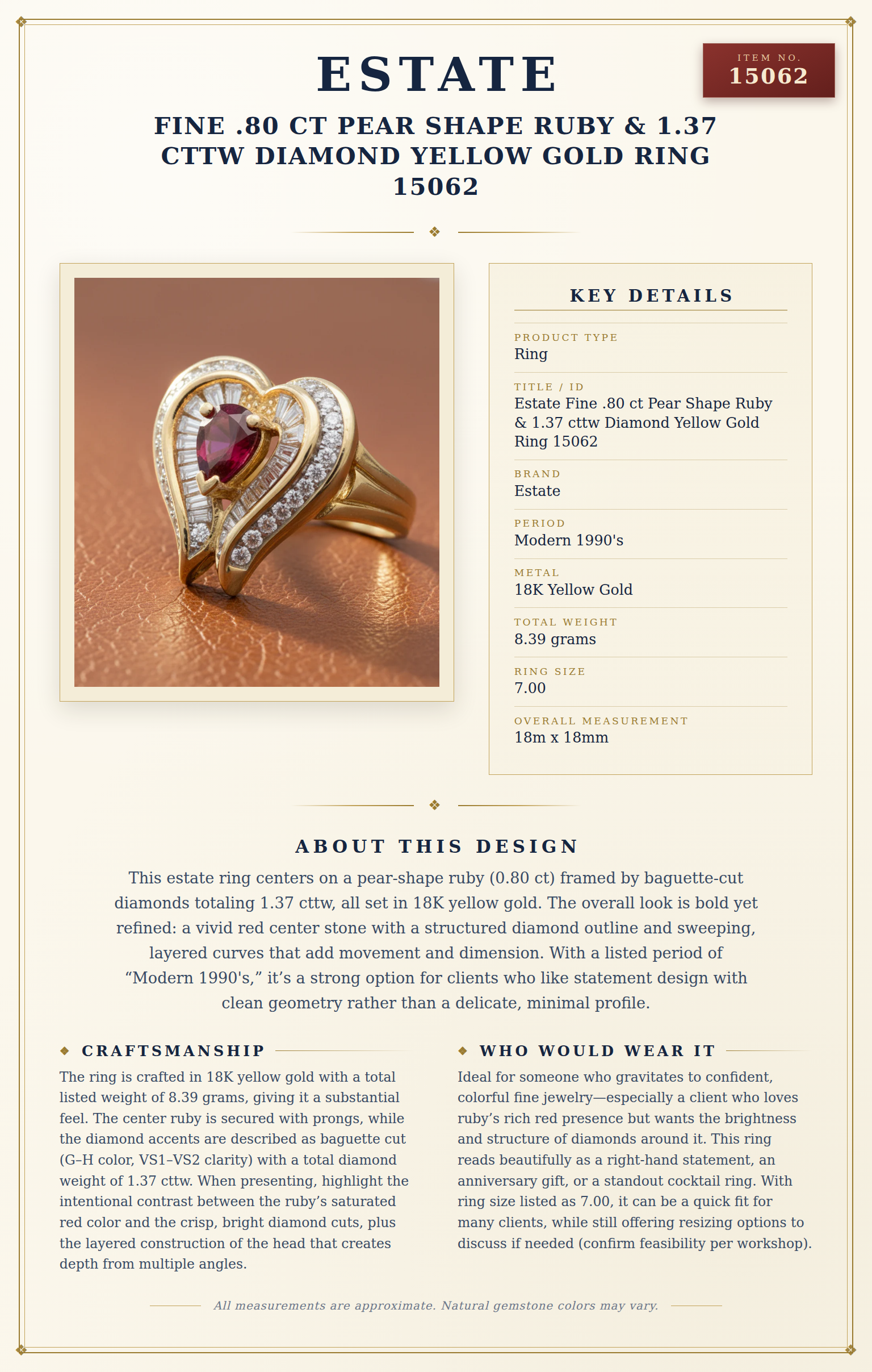 Estate Fine .80 ct Pear Shape Ruby & 1.37 cttw Diamond Yellow Gold Ring 15062 — anatomy card