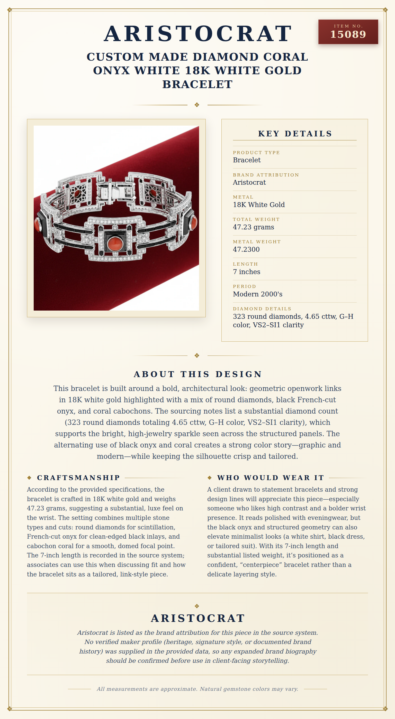 Custom Made Diamond Coral Onyx White 18K White Gold Bracelet — anatomy card