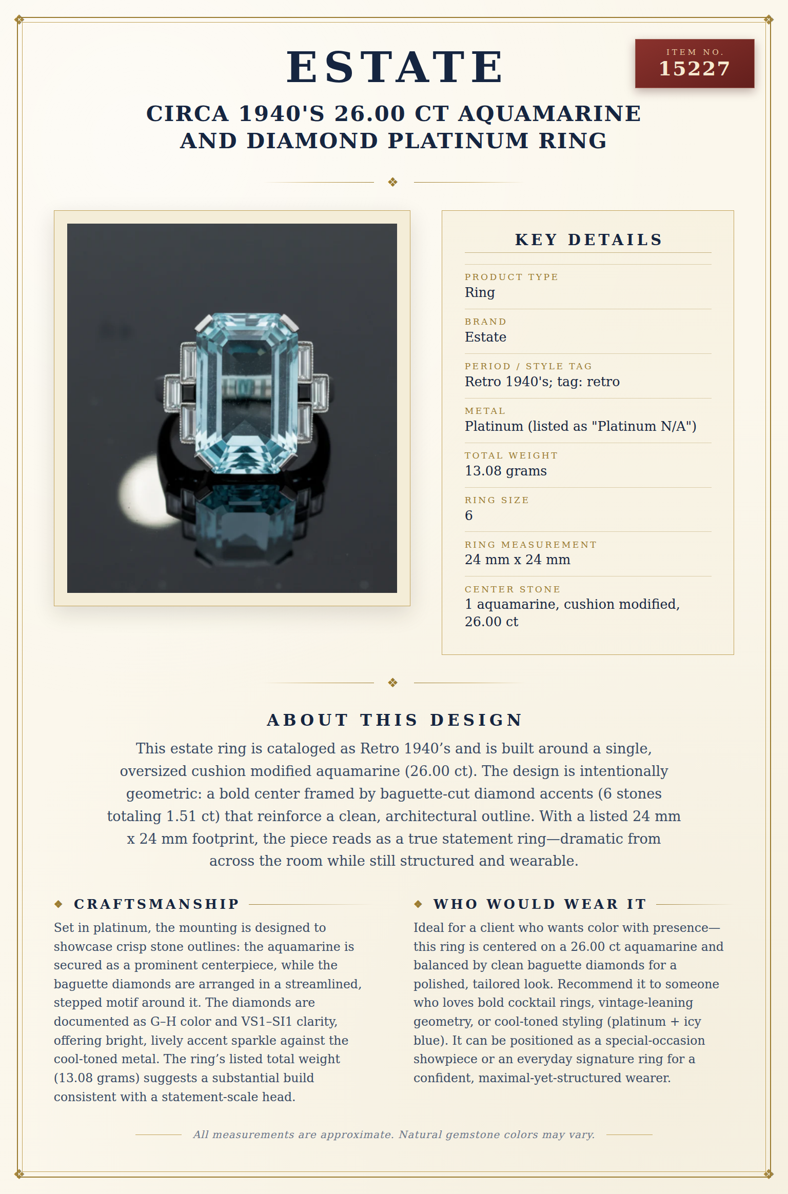 Circa 1940's 26.00 ct Aquamarine and Diamond Platinum Ring — anatomy card