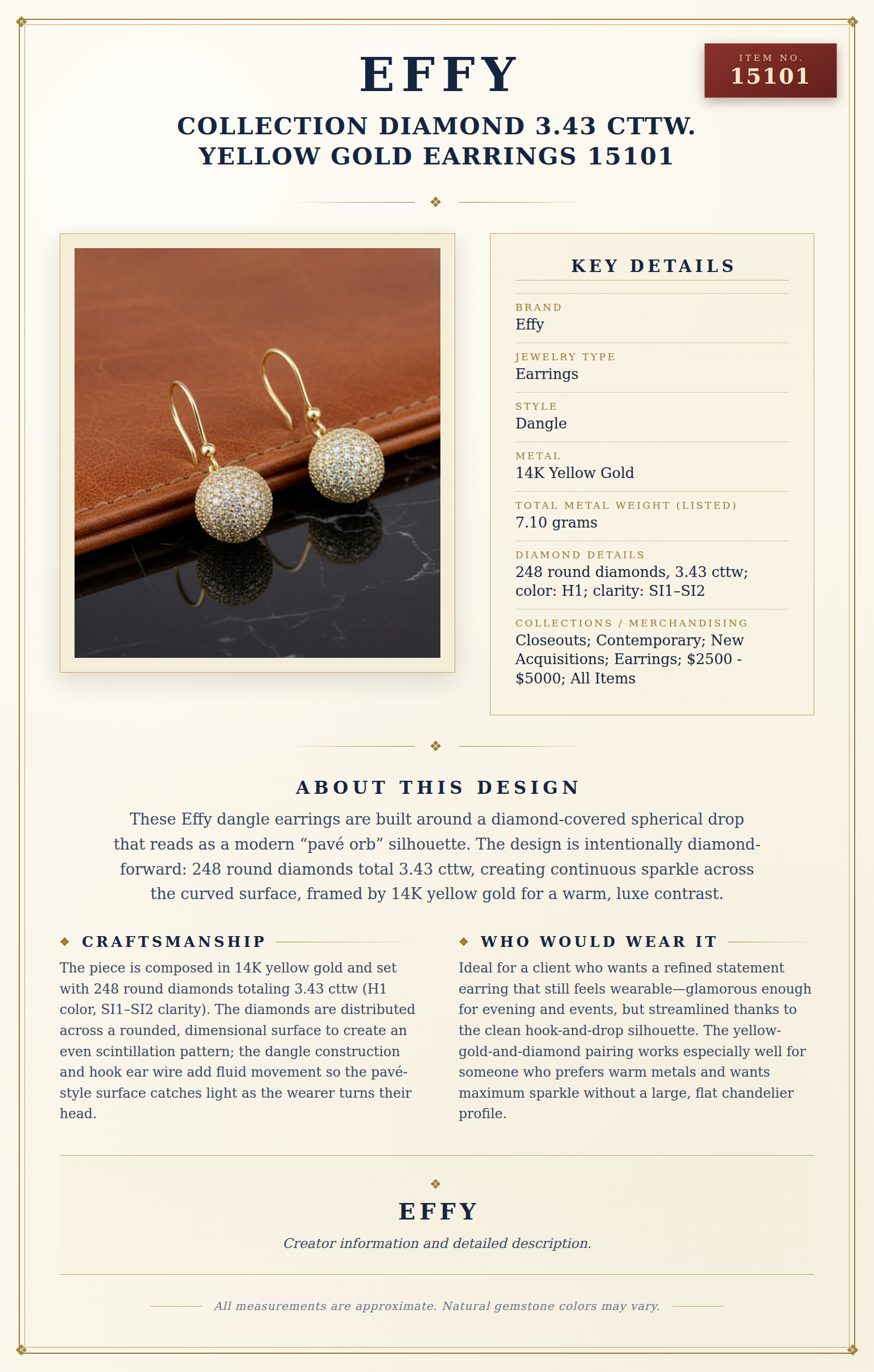 Effy Collection Diamond 3.43 cttw. Yellow Gold Earrings 15101 — anatomy card