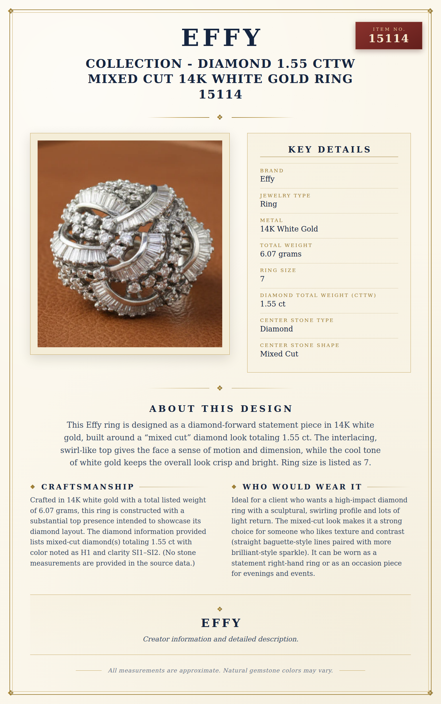 Effy Collection - Diamond 1.55 cttw Mixed Cut 14K White Gold Ring 15114 — anatomy card