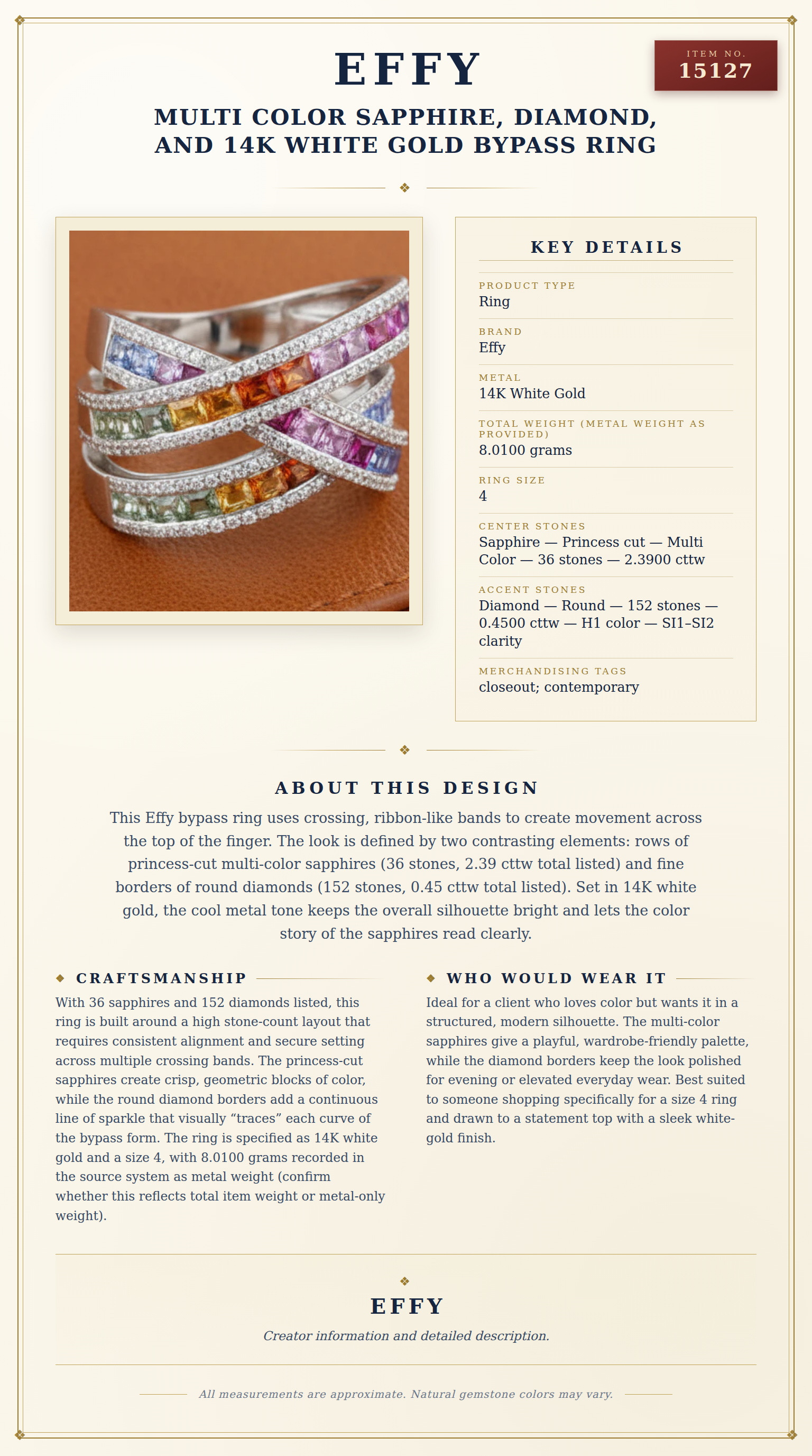 Effy Multi Color Sapphire, Diamond, and 14K White Gold Bypass Ring — anatomy card