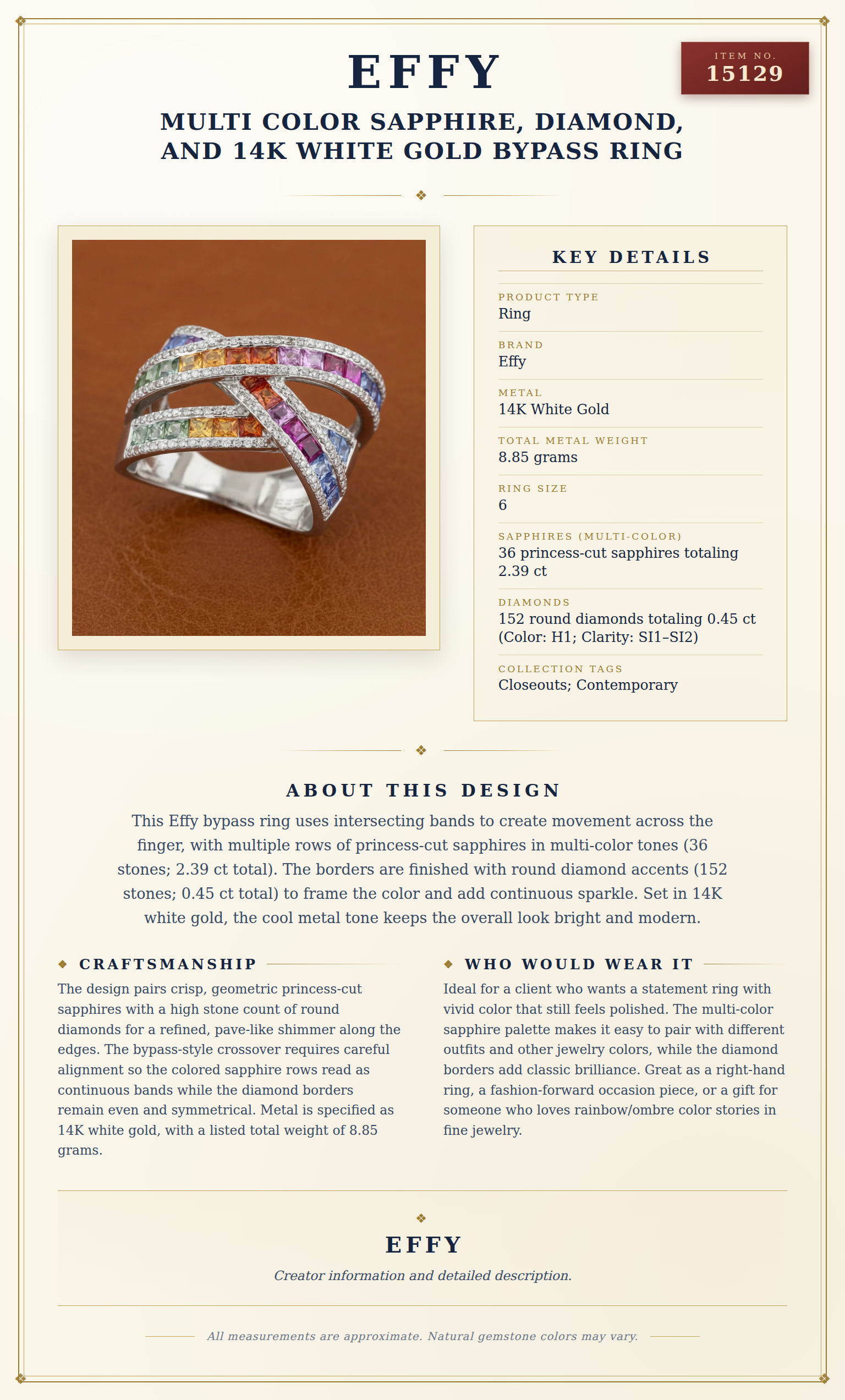 Effy Multi Color Sapphire, Diamond, and 14K White Gold Bypass Ring — anatomy card