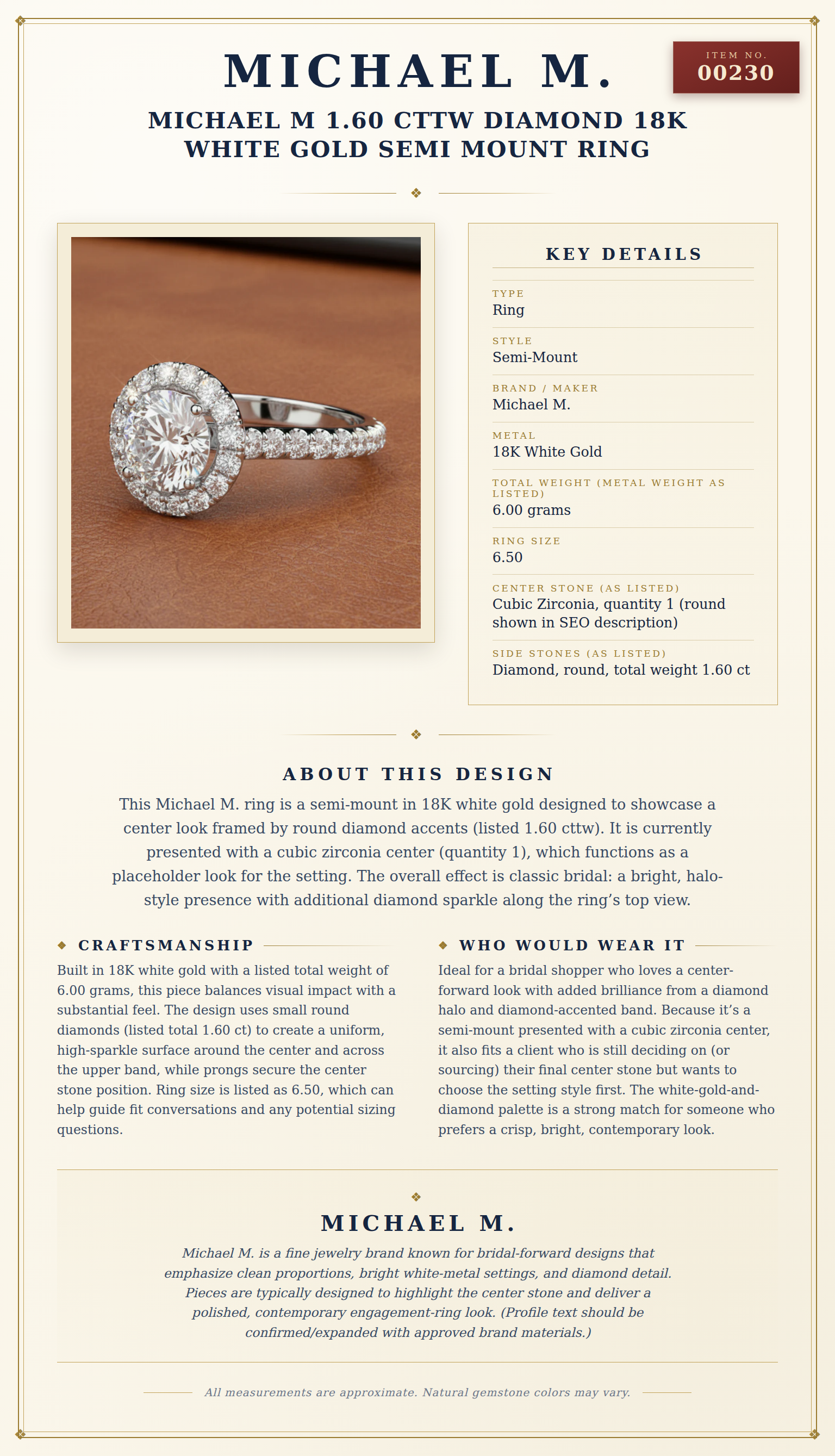Michael M 1.60 cttw Diamond 18K White Gold Semi Mount Ring — anatomy card