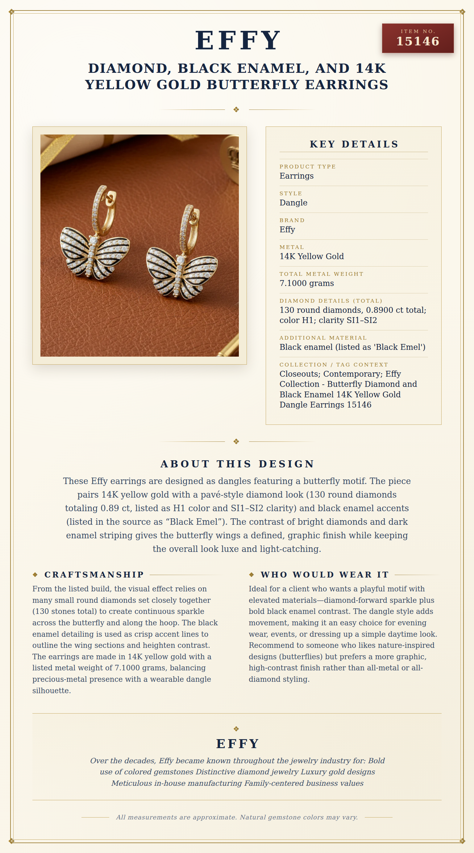 Effy Diamond, Black Enamel, and  14K Yellow Gold Butterfly Earrings — anatomy card