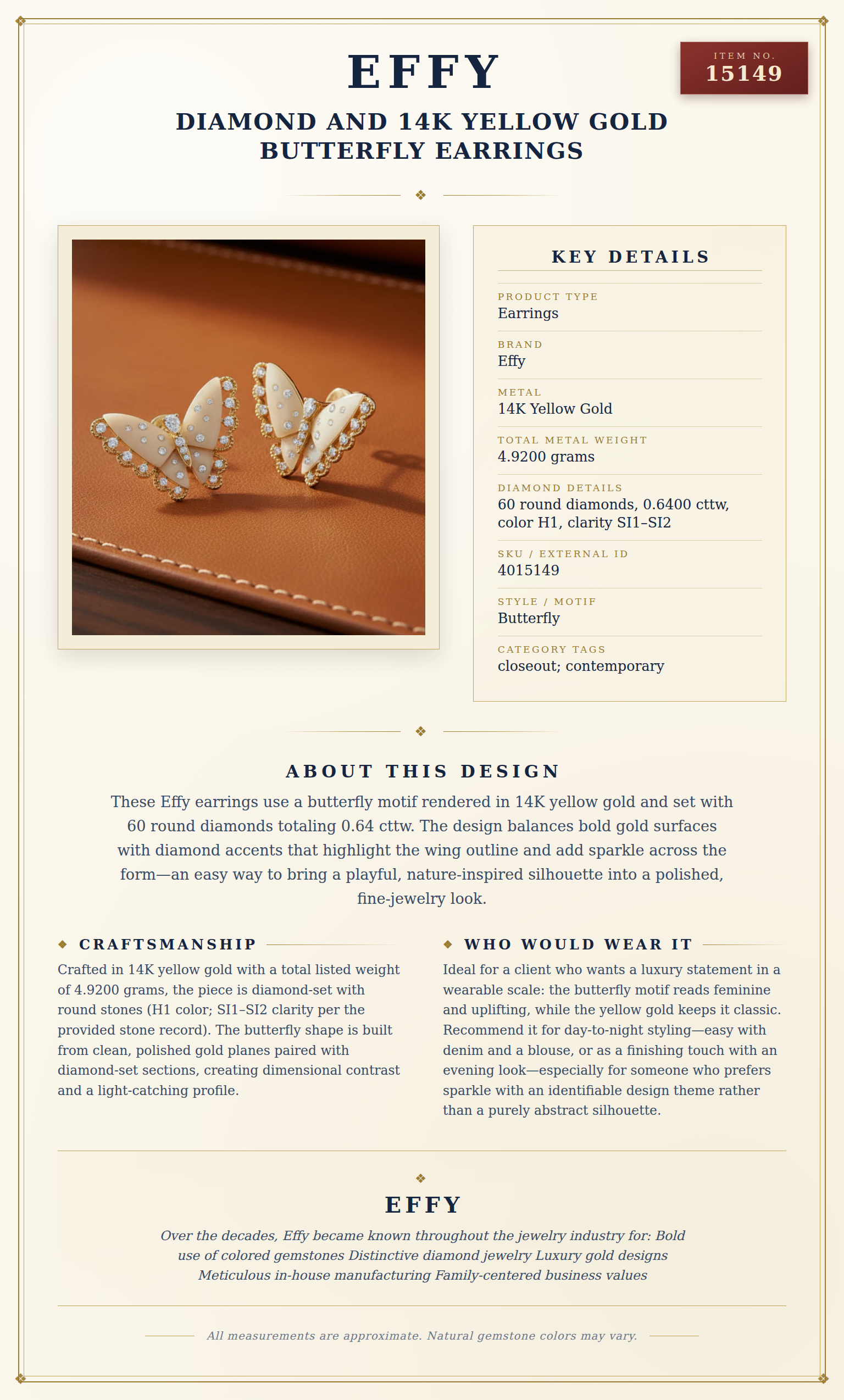 Effy Diamond and 14K Yellow Gold Butterfly Earrings — anatomy card