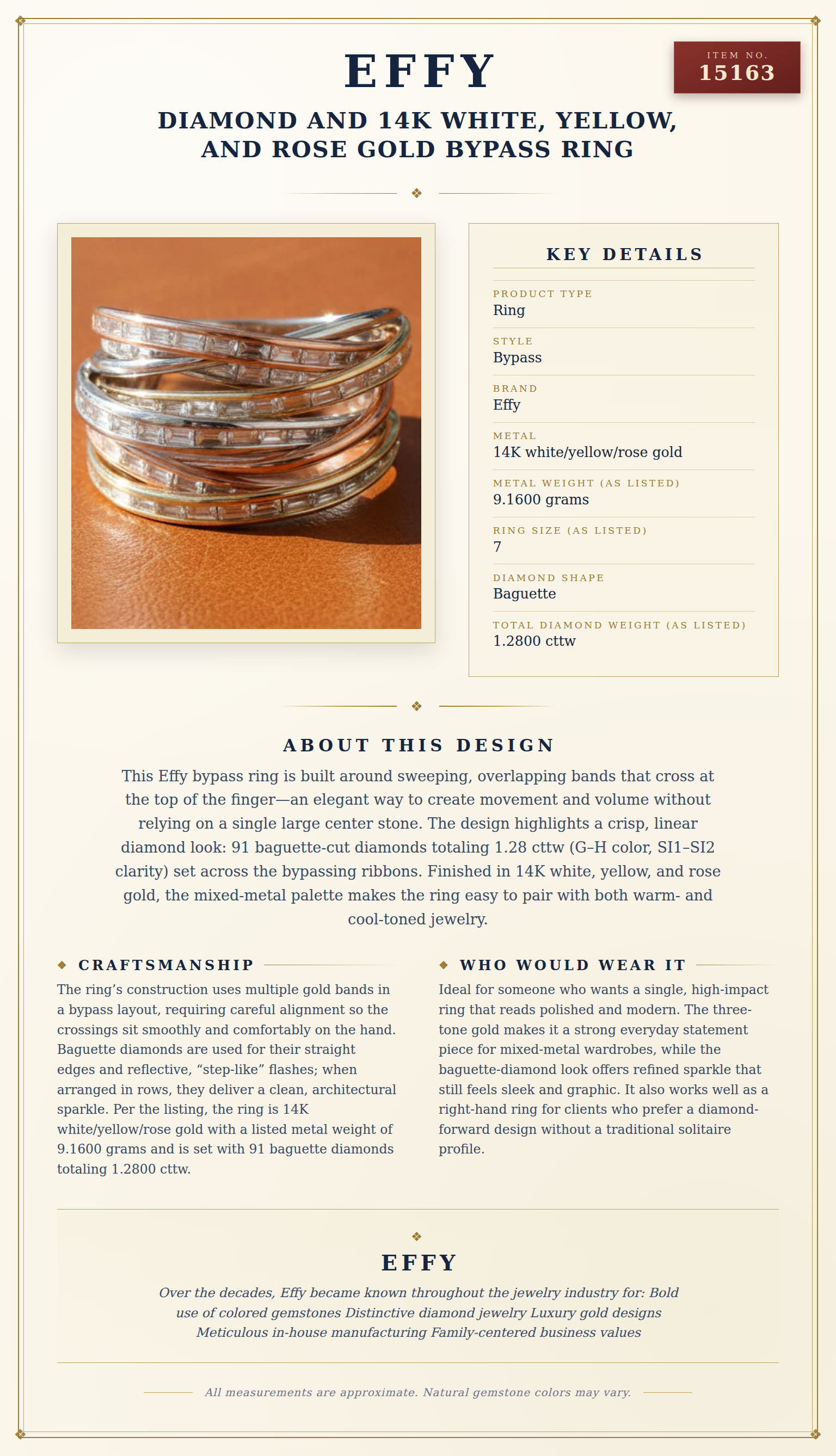 Effy Diamond and 14K White, Yellow, and Rose Gold Bypass Ring — anatomy card