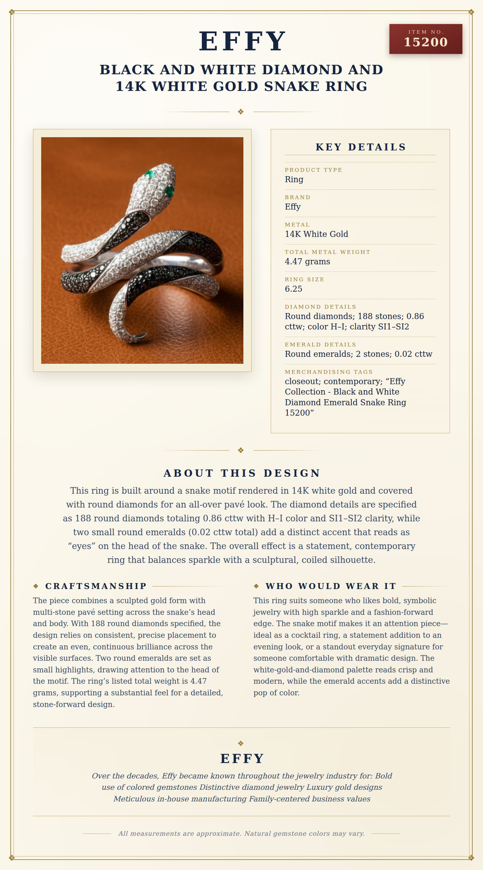 Effy Black and White Diamond and 14K White Gold Snake Ring — anatomy card