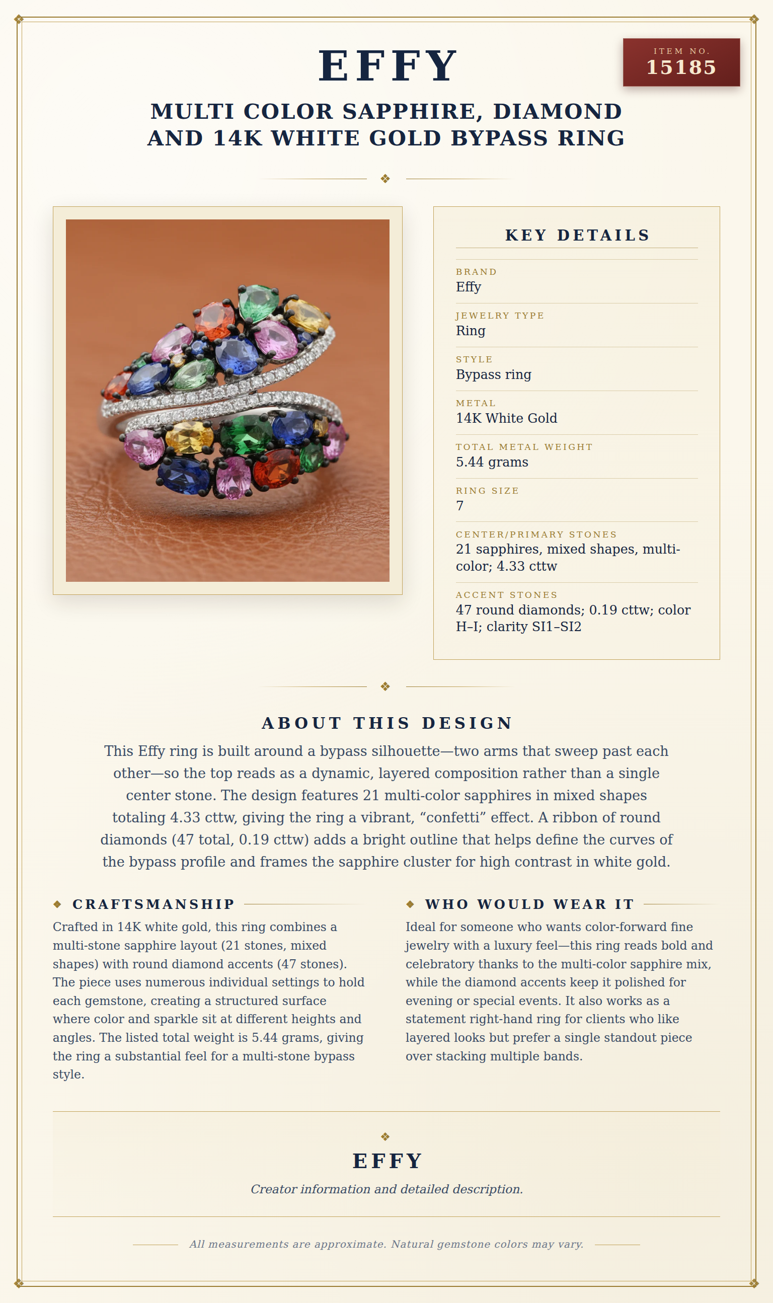 Effy Multi Color Sapphire, Diamond and 14K White Gold Bypass Ring — anatomy card