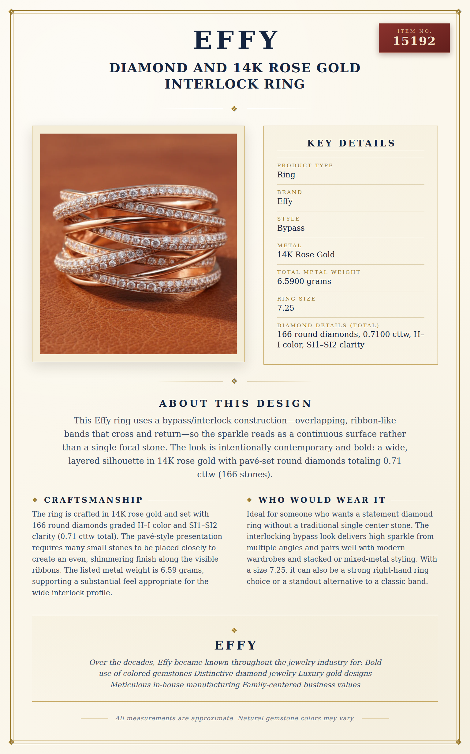 Effy Diamond and 14K Rose Gold Interlock Ring — anatomy card