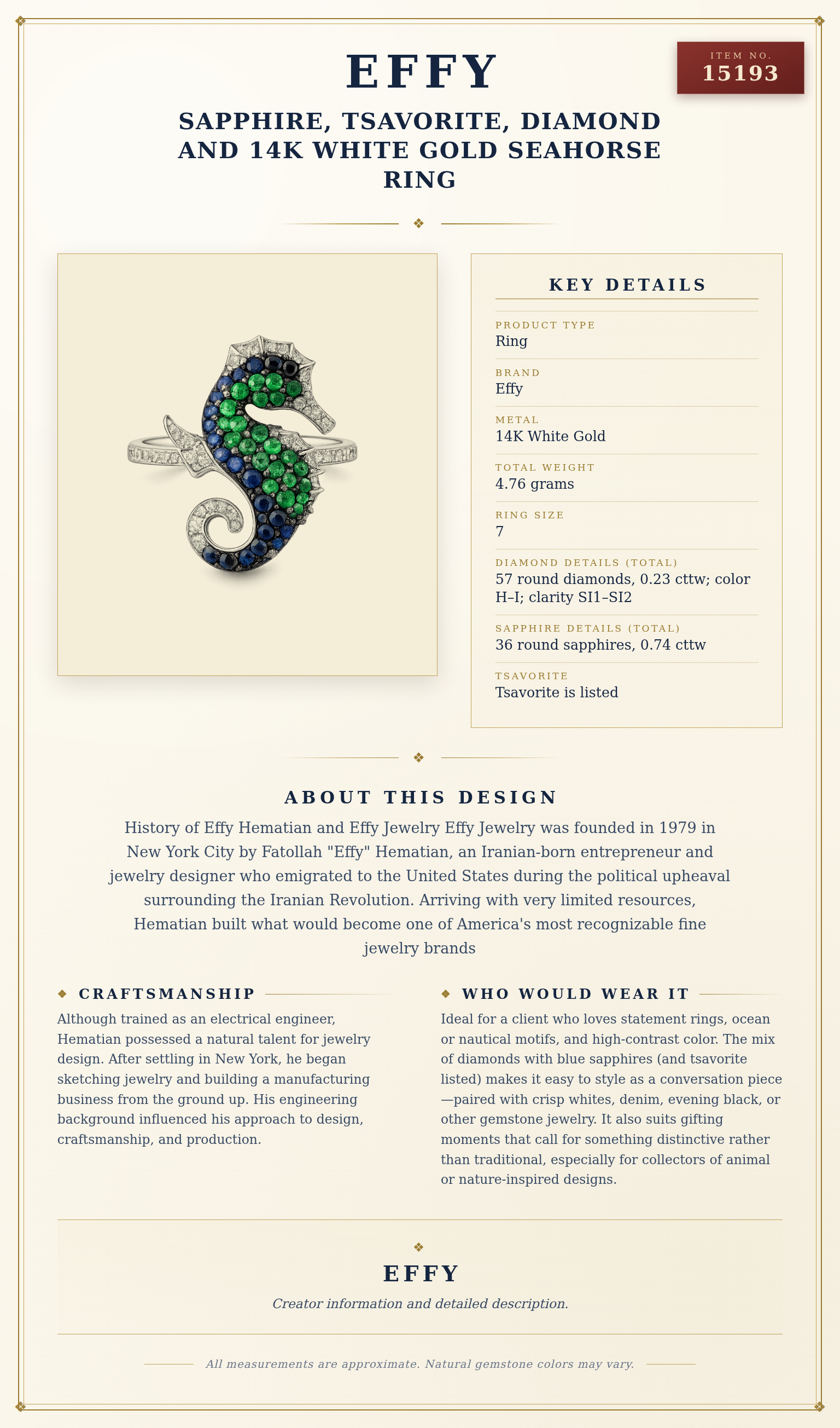 Effy Sapphire, Tsavorite, Diamond and 14K White Gold Seahorse Ring — anatomy card