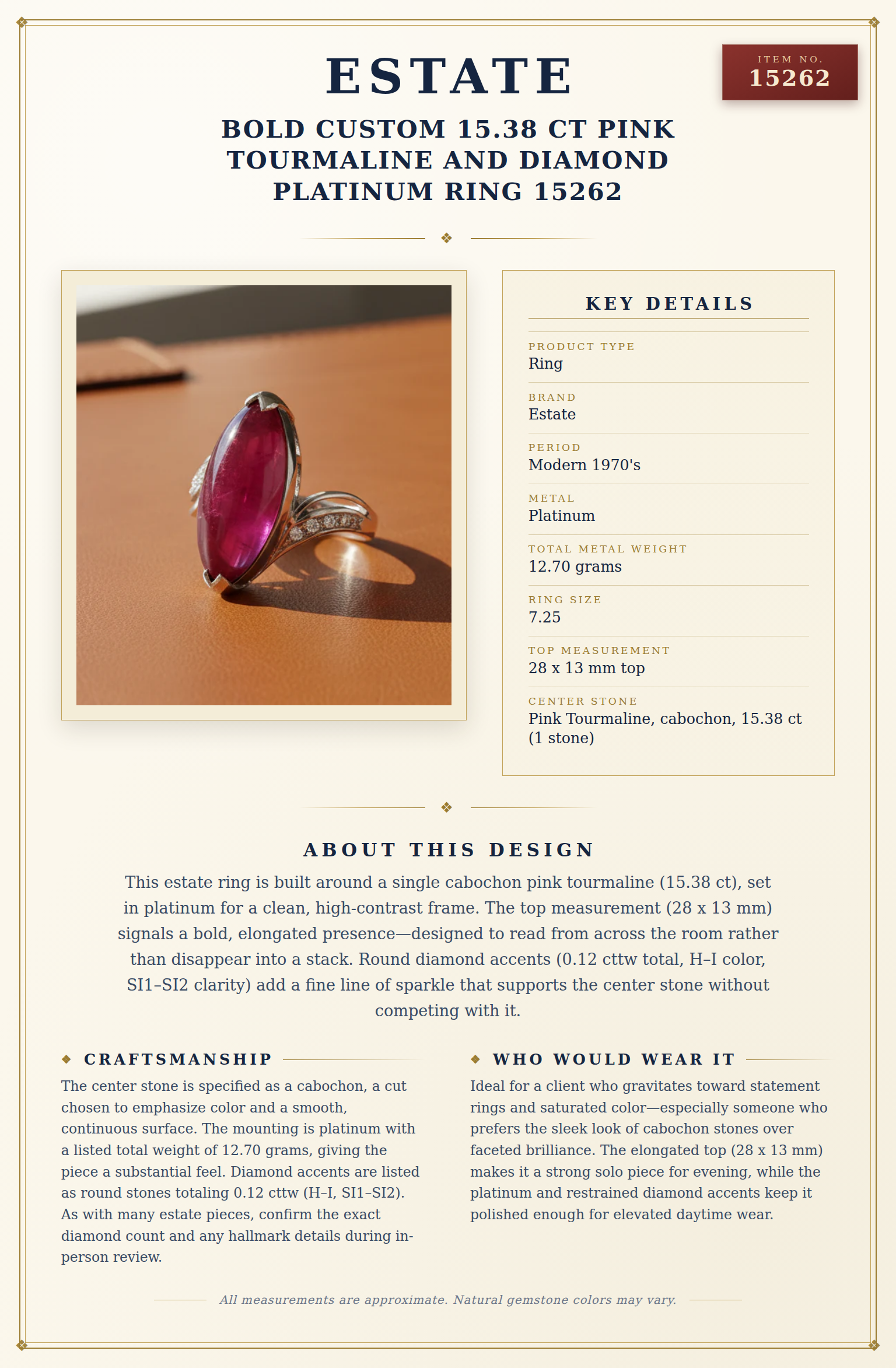 Estate Bold Custom 15.38 ct Pink Tourmaline and Diamond Platinum Ring 15262 — anatomy card