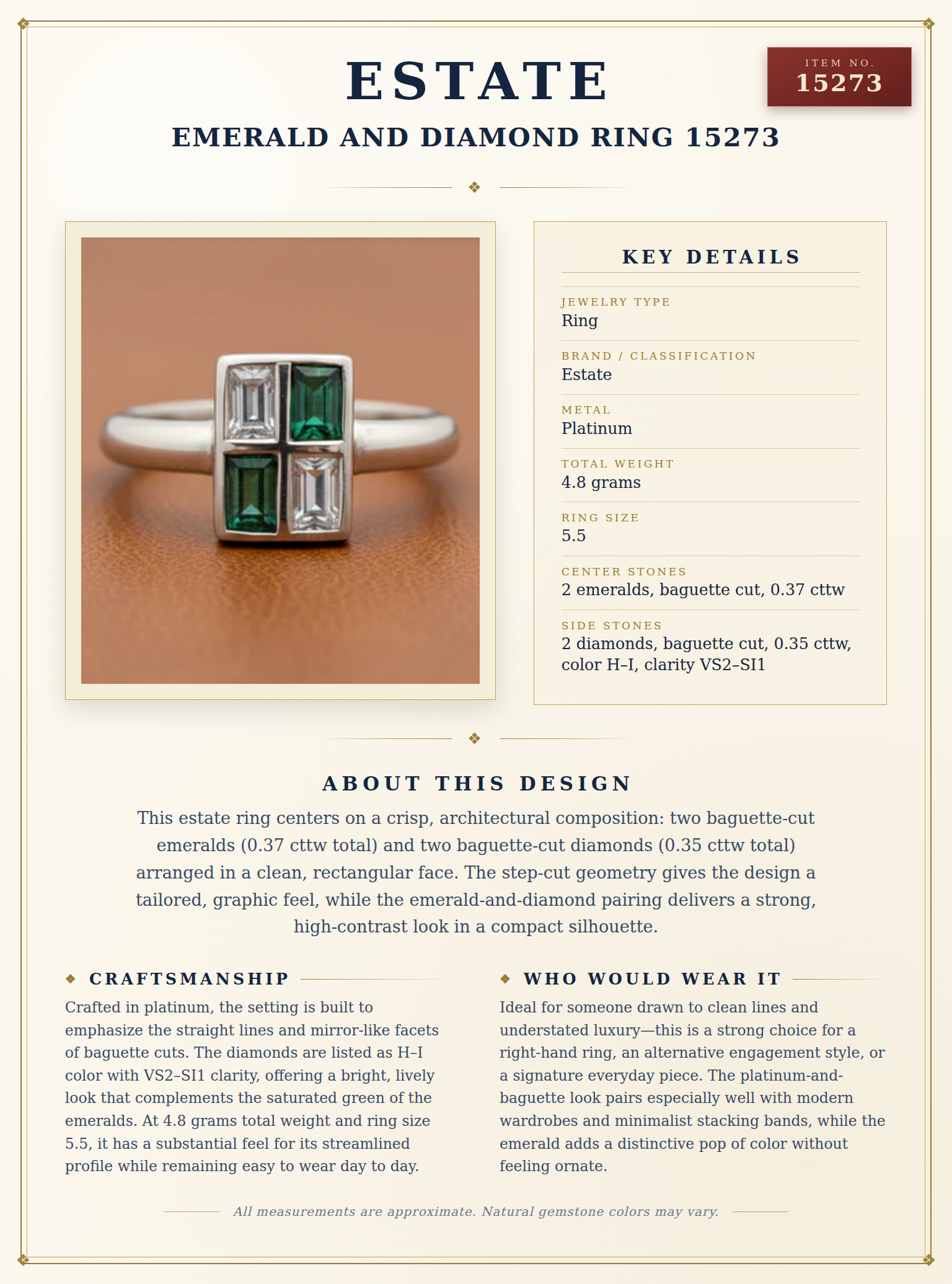 Estate Emerald and Diamond Ring 15273 — anatomy card