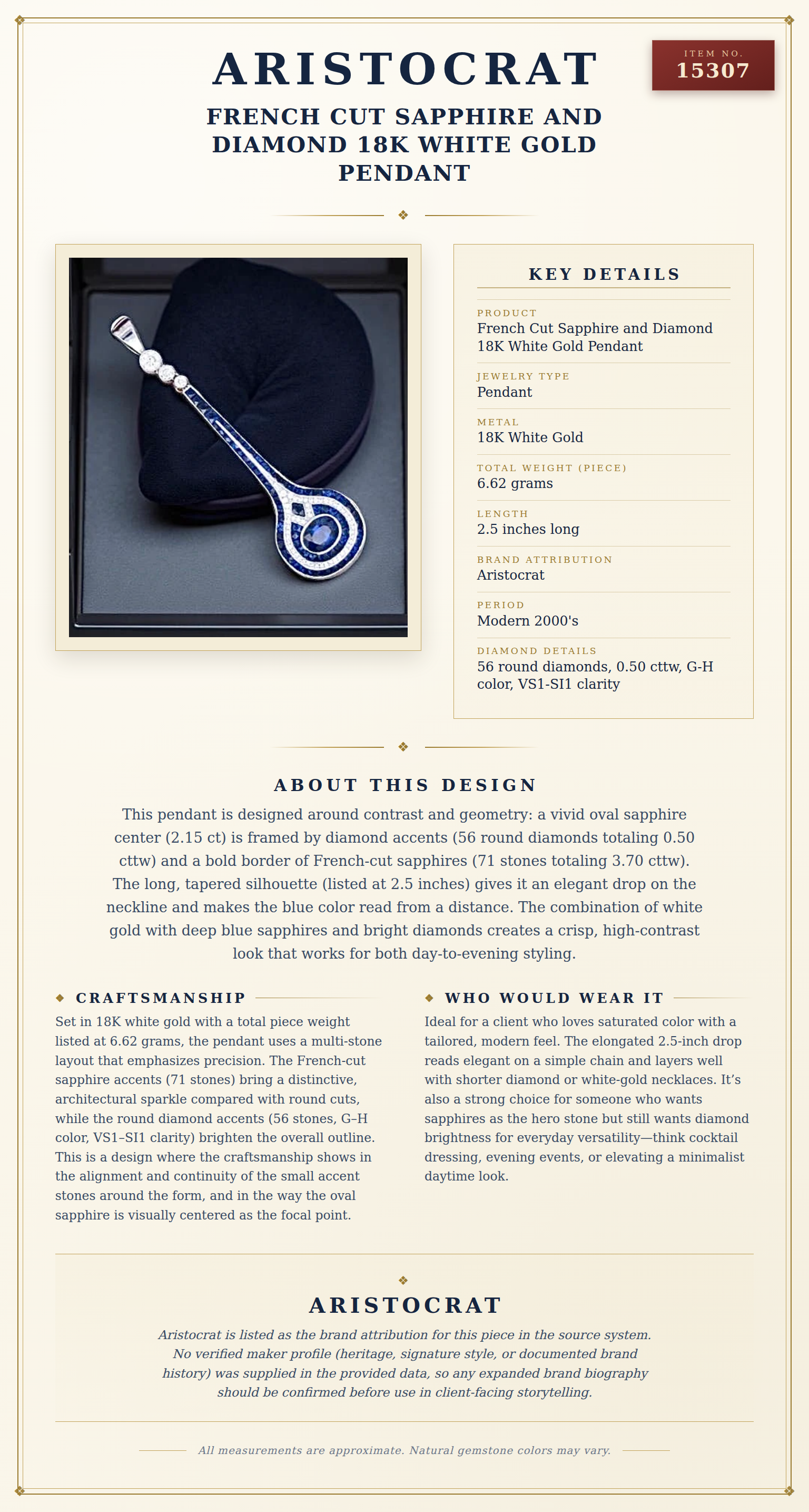 French Cut Sapphire and Diamond 18K White Gold Pendant — anatomy card