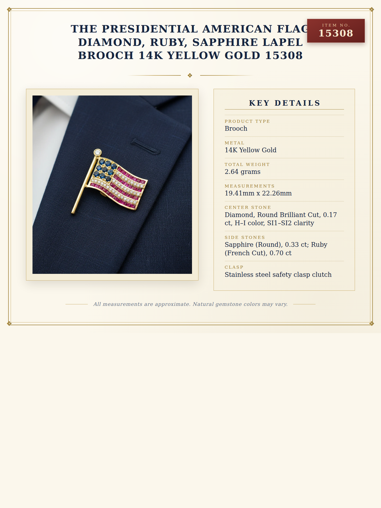 The Presidential American Flag Diamond, Ruby, Sapphire Lapel Brooch 14K Yellow Gold 15308 — anatomy card