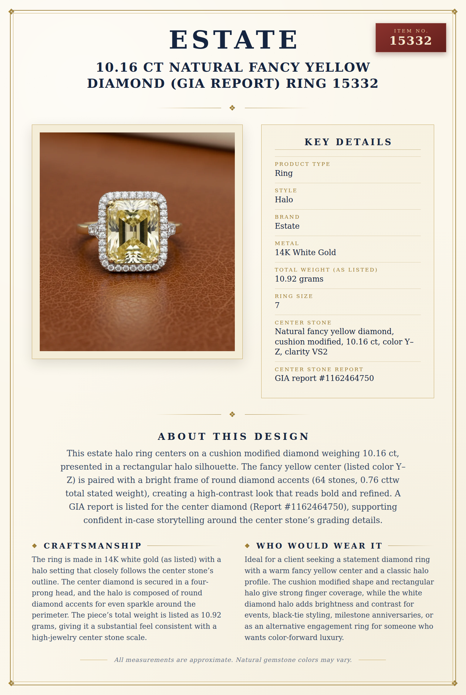 Estate 10.16 ct Natural Fancy Yellow Diamond (GIA Report) Ring 15332 — anatomy card