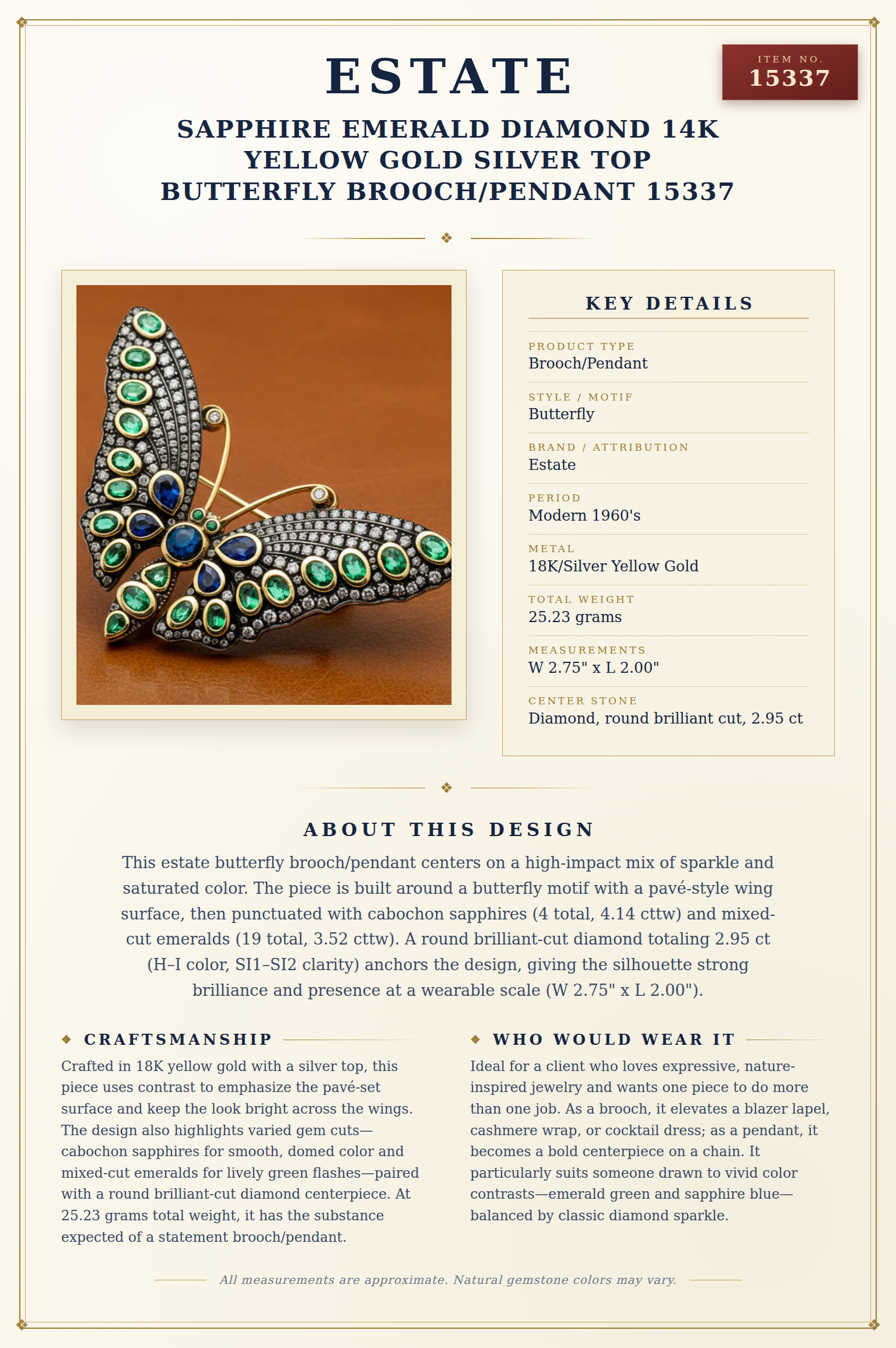Estate Sapphire Emerald Diamond 14K Yellow Gold Silver Top Butterfly Brooch/Pendant 15337 — anatomy card