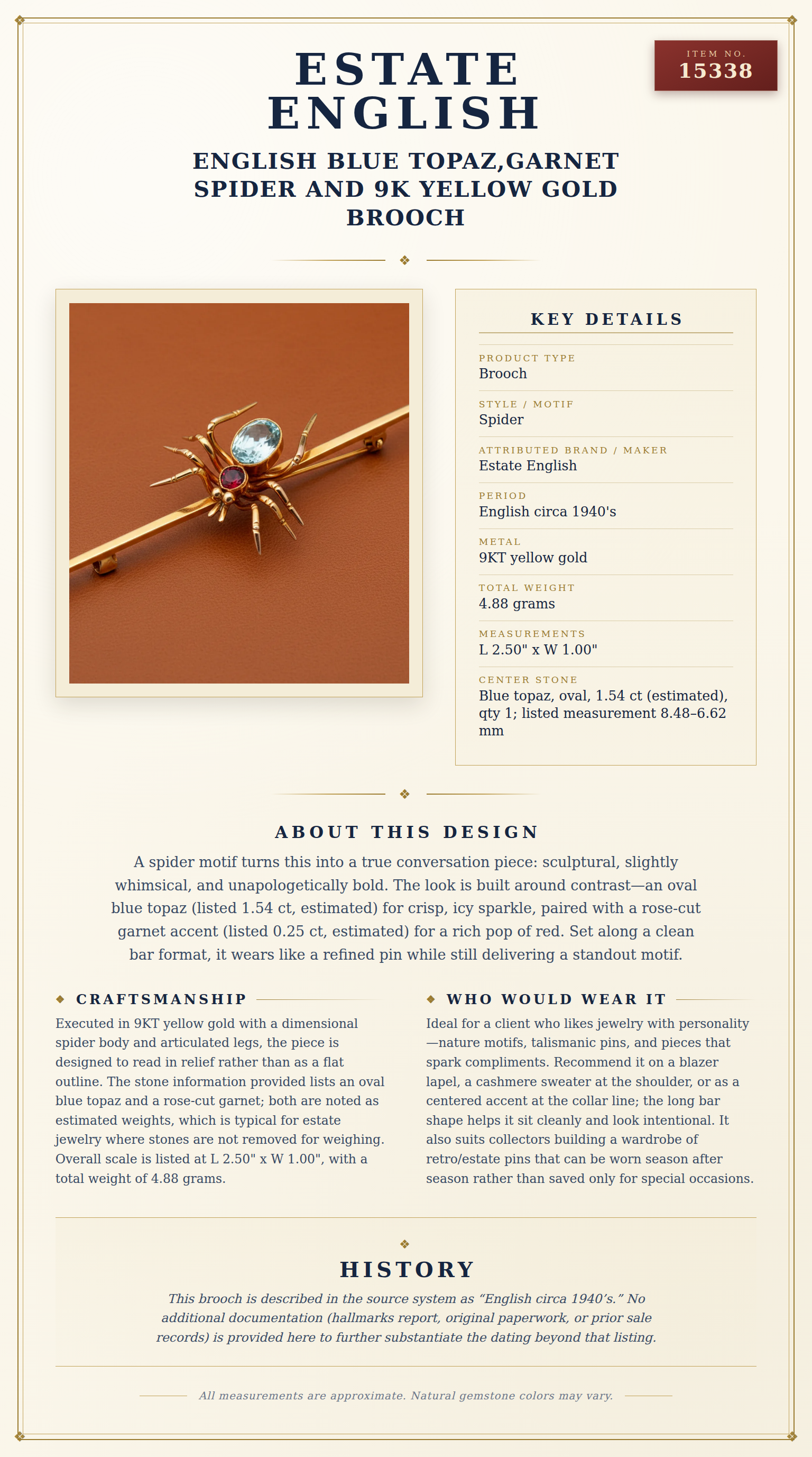 English Blue Topaz,Garnet Spider and 9K Yellow Gold Brooch — anatomy card