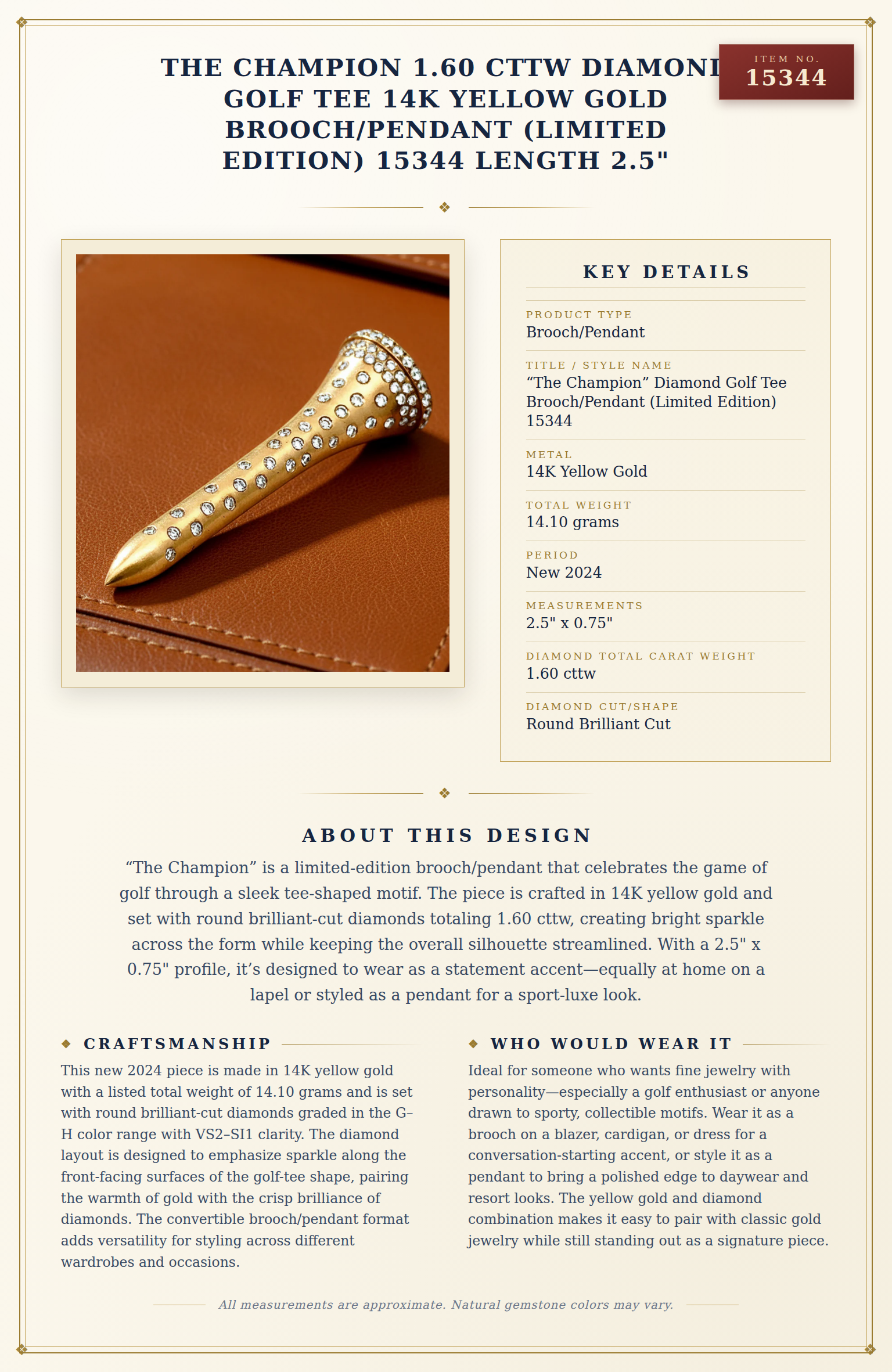 The Champion 1.60 cttw Diamond Golf Tee 14K Yellow Gold Brooch/Pendant (Limited Edition) 15344 Length  2.5" — anatomy card