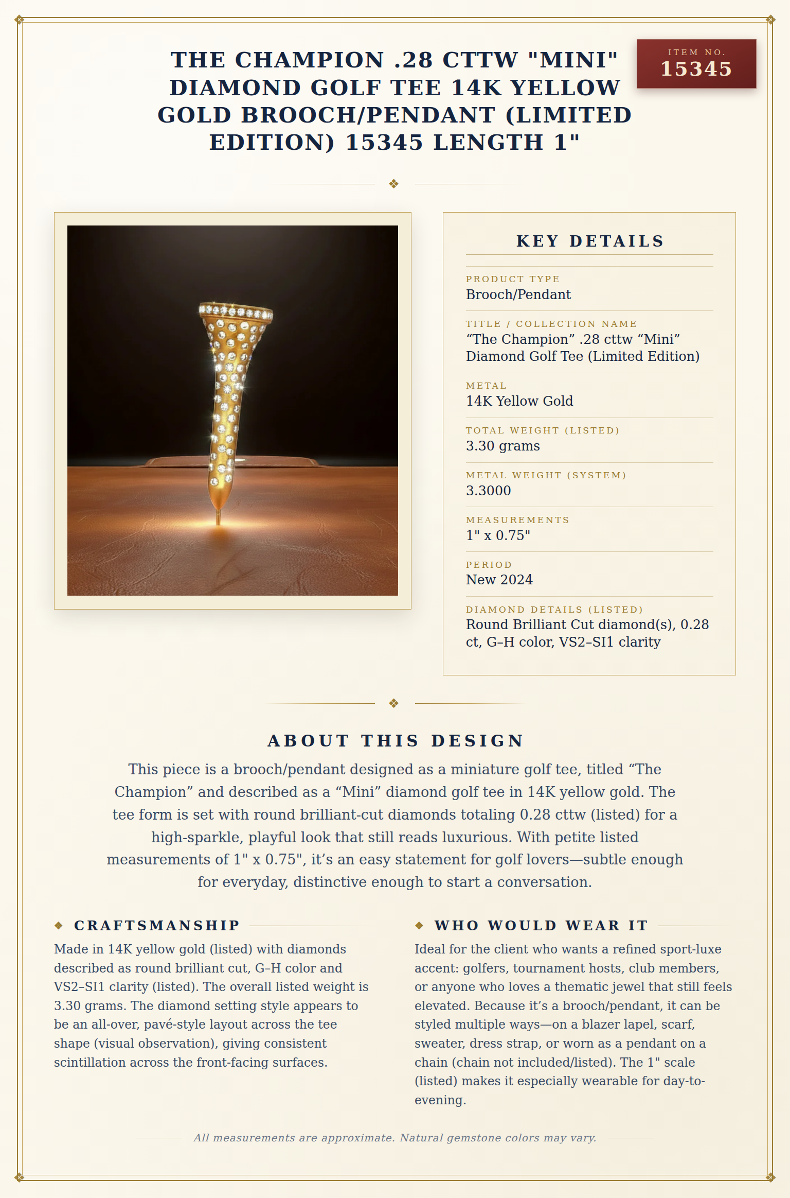 The Champion .28 cttw "Mini" Diamond Golf Tee 14K Yellow Gold Brooch/Pendant (Limited Edition) 15345 Length 1" — anatomy card