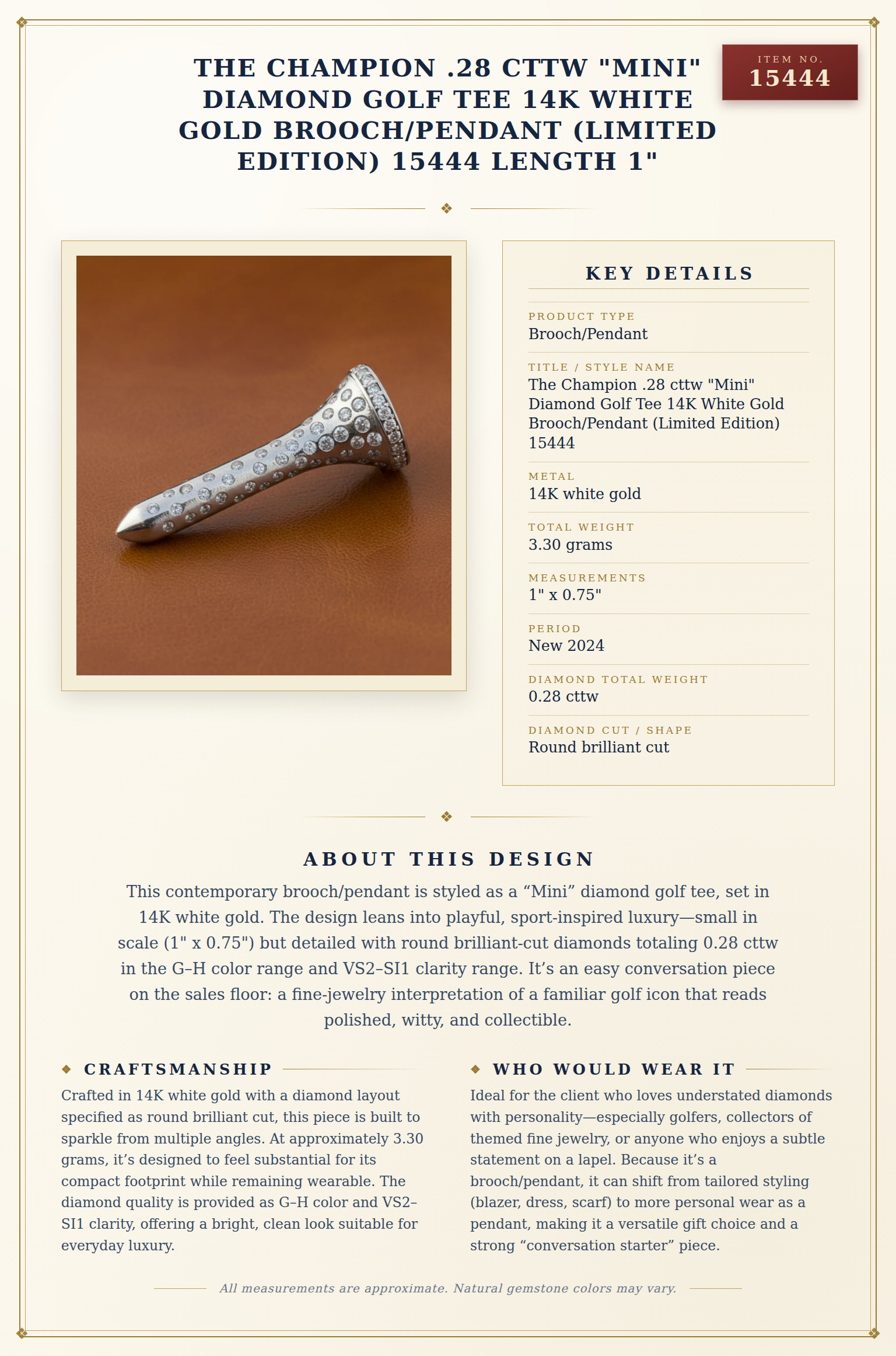 The Champion .28 cttw "Mini" Diamond Golf Tee 14K White Gold Brooch/Pendant (Limited Edition) 15444 Length 1" — anatomy card