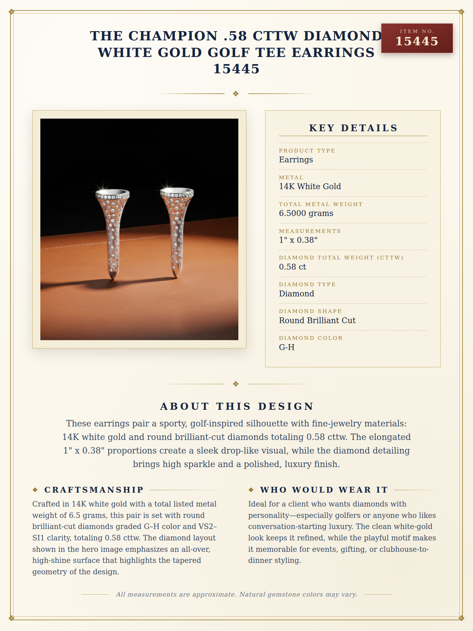 The Champion .58 cttw Diamond White Gold Golf Tee Earrings 15445 — anatomy card