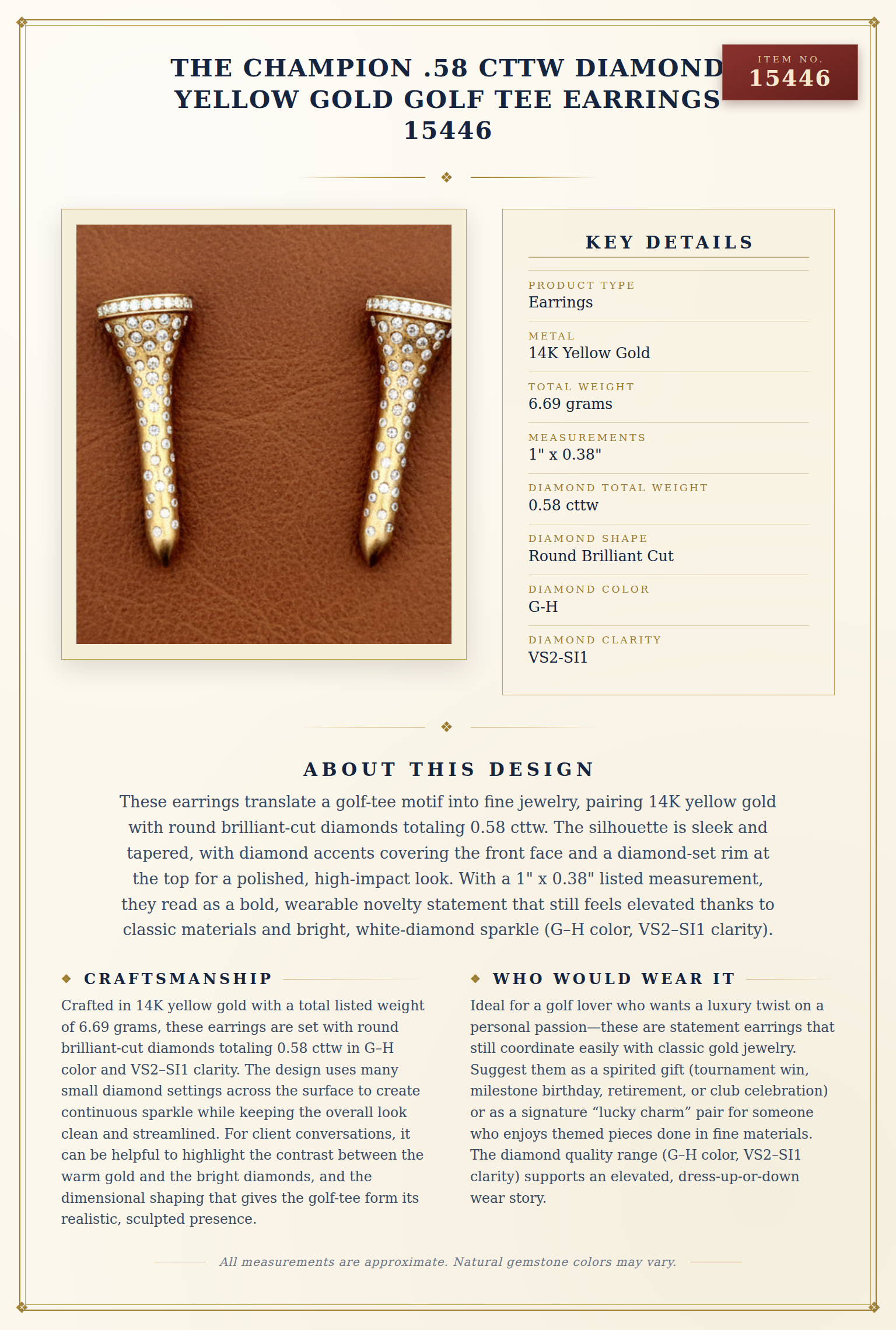 The Champion .58 cttw Diamond Yellow Gold Golf Tee Earrings 15446 — anatomy card
