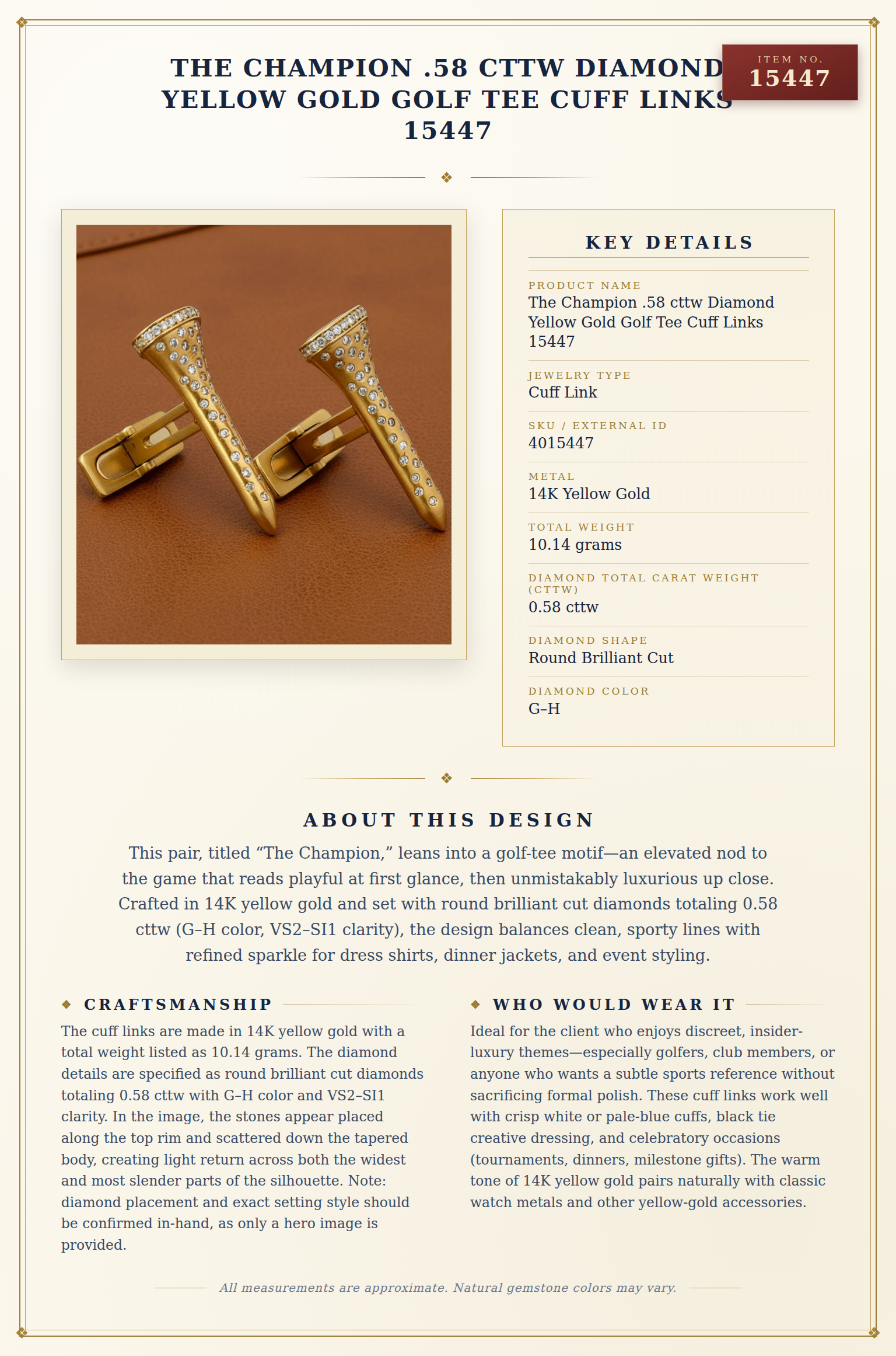The Champion .58 cttw Diamond Yellow Gold Golf Tee Cuff Links 15447 — anatomy card